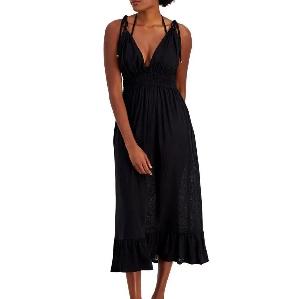 Miken Smocked Swim Cover Up Black Midi Leopard Cheetah Semi Sheer Size Sr